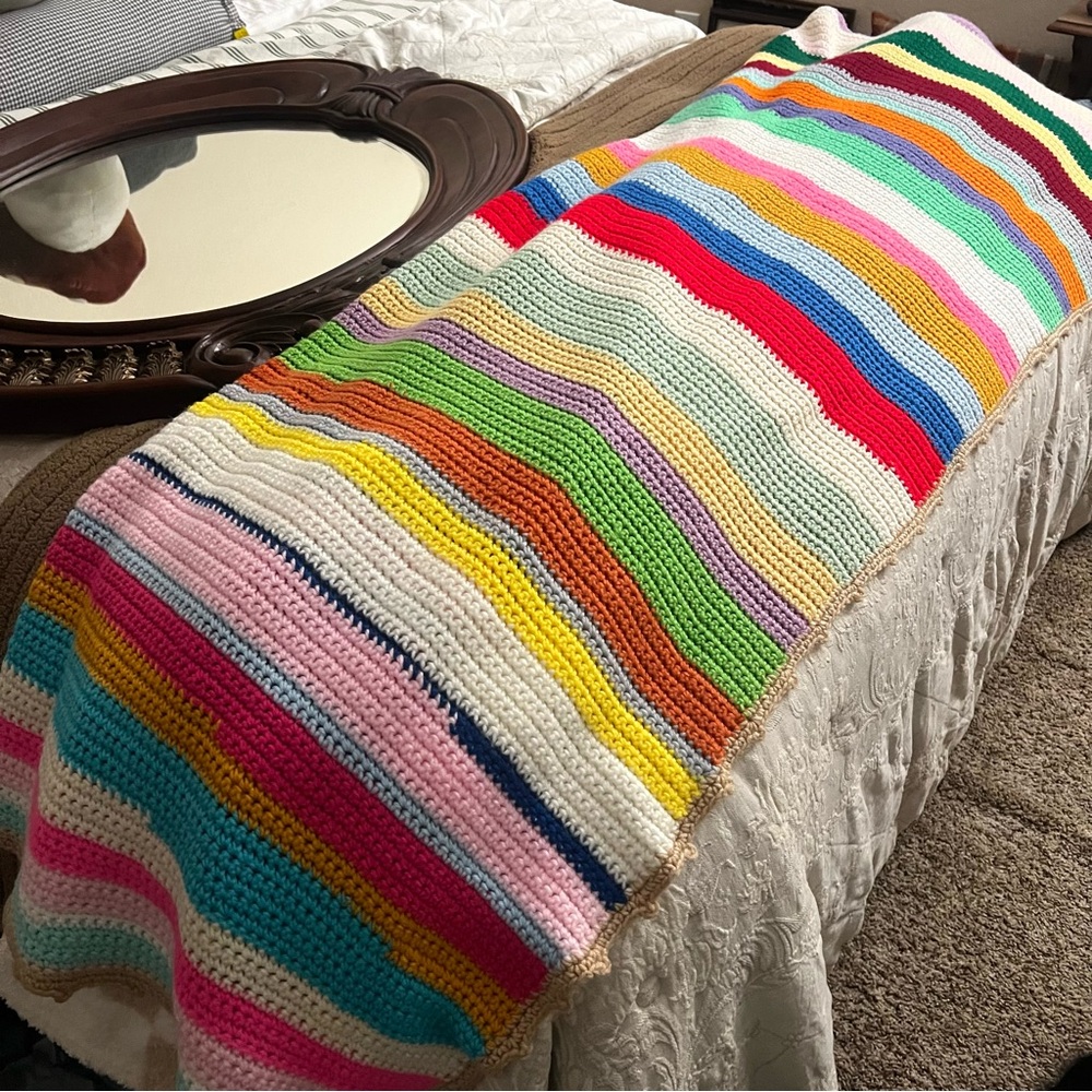 Handmade Crochet Knit Rainbow Stripe Throw Blanket for Bed or Couch Afghan